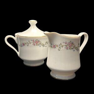 Limoges Crescent Ramaru Creamer & Sugar Bowl With Lid White Floral Gold Trim
